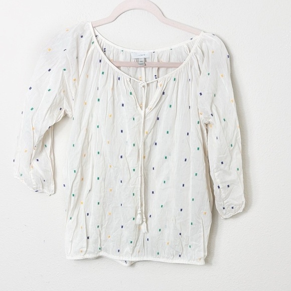 J. Crew Ivory Embroidered Peasant Boho Top Blouse with tassel ties size XXS - Picture 2 of 9